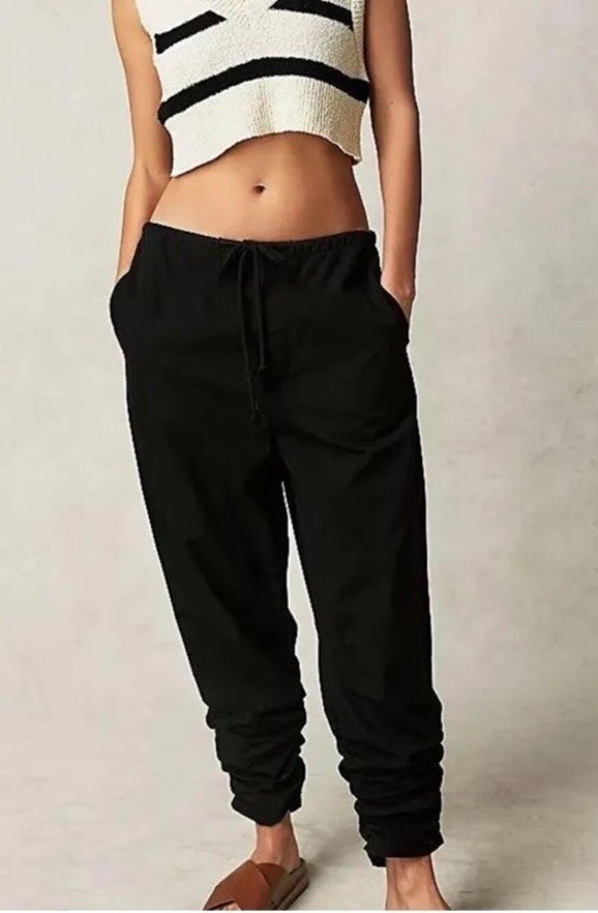 Free People New Light Black Baggy Drawstring Parachute Cotton Pants S Lounge